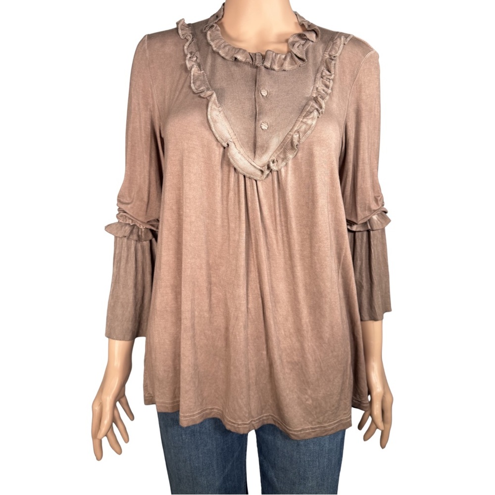 POL Cocoa Ruffle Trim Long Sleeve Top Size S NEW